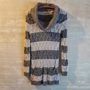 247a. vintage gray & cream striped cable knit cowl neck y2k sweater dress, S